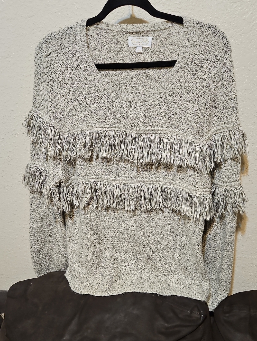 Mud Pie Oatmeal Fringe Crewneck Sweater